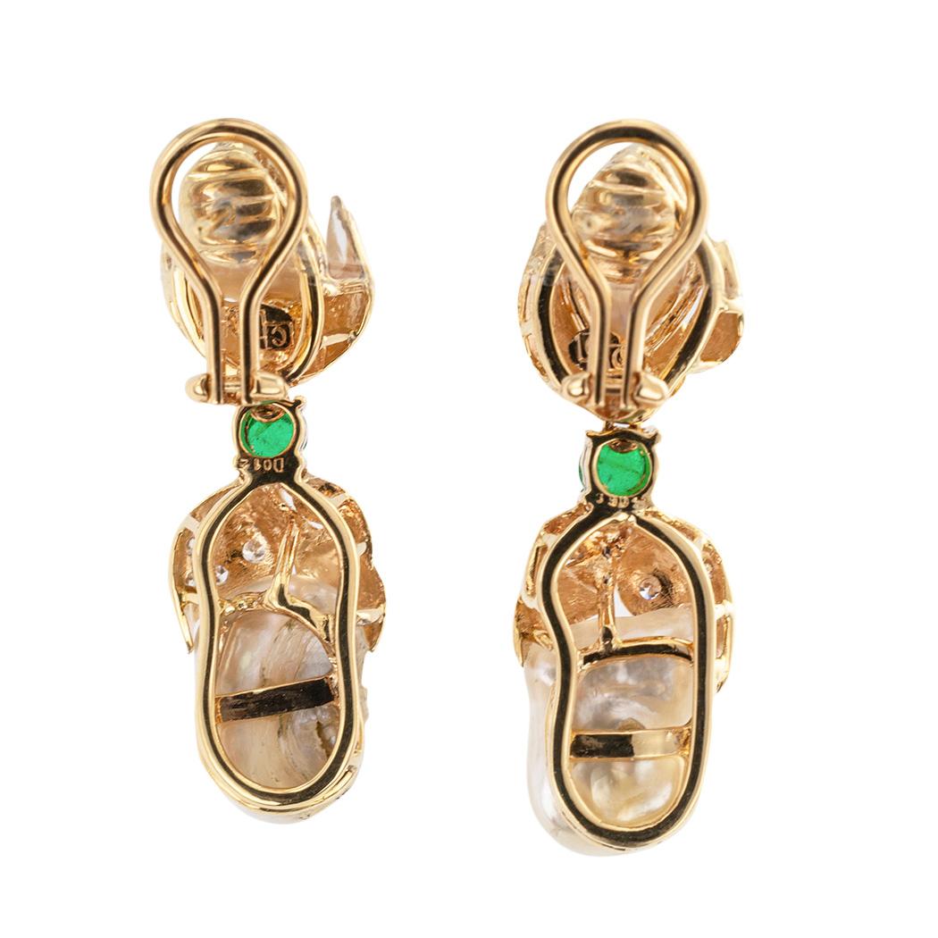 Cabochon Keshi Cultured Pearl Diamond Emerald Gold Drop Earrings