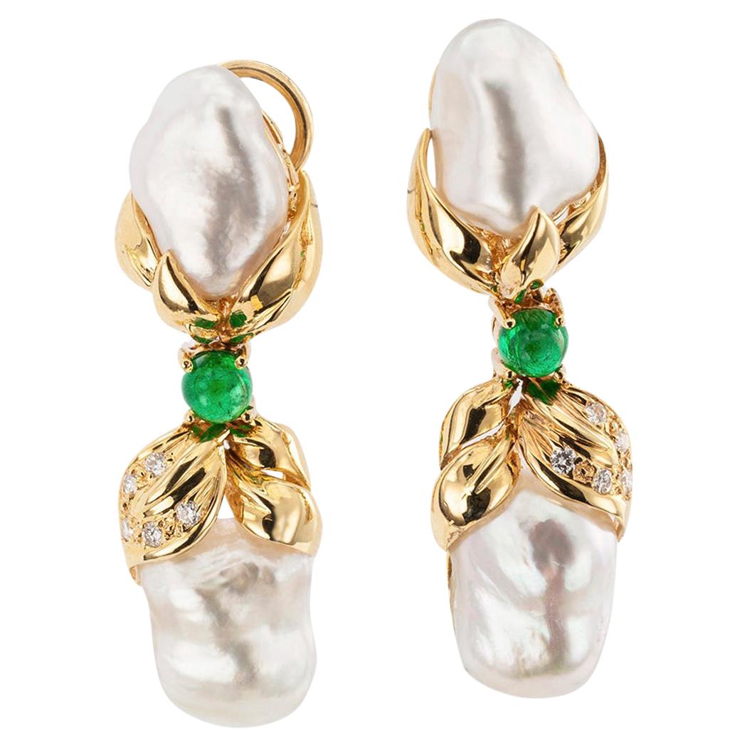 Keshi Cultured Pearl Diamond Emerald Gold Drop Earrings