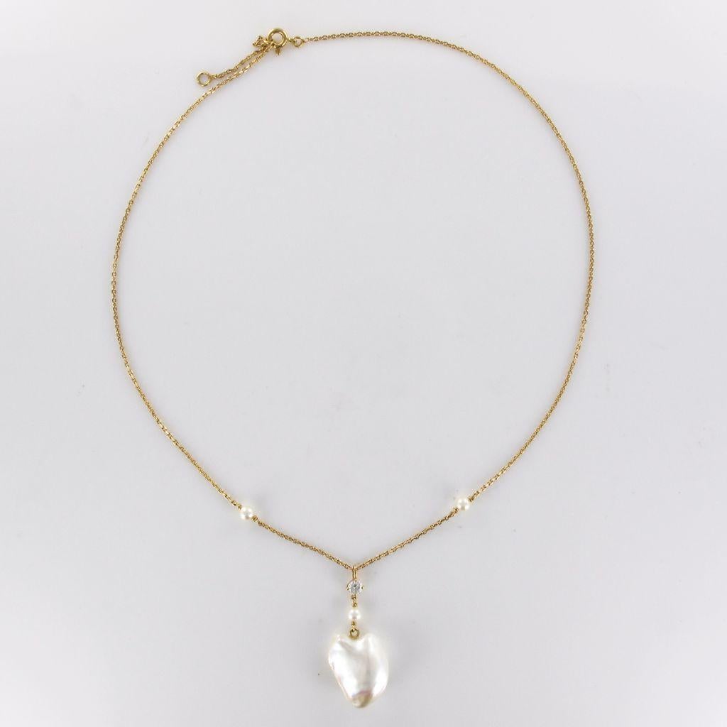 Keshi Natural Pearl Diamond Gold Pendant Necklace For Sale 6
