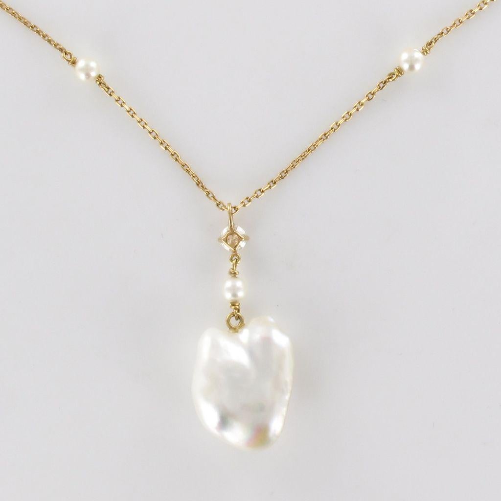 Keshi Natural Pearl Diamond Gold Pendant Necklace For Sale 7