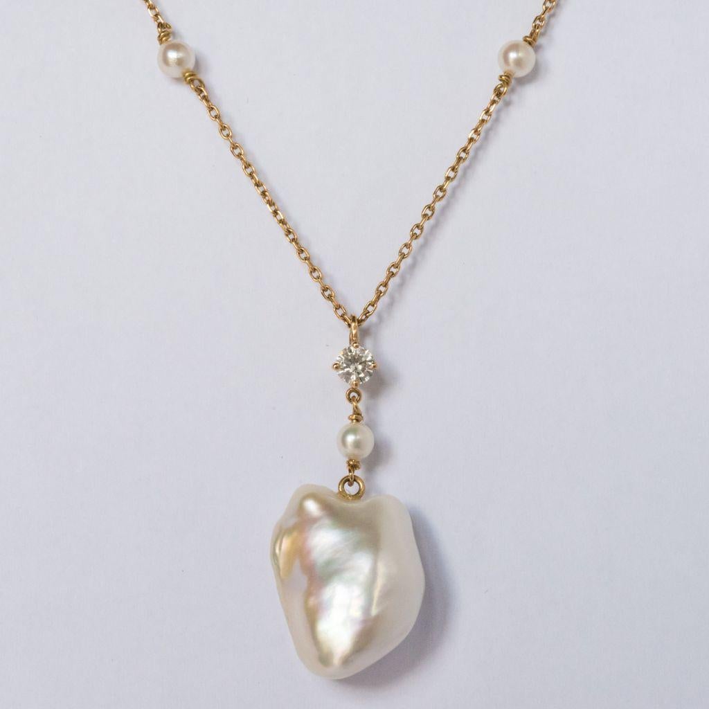 Keshi Natural Pearl Diamond Gold Pendant Necklace For Sale 2