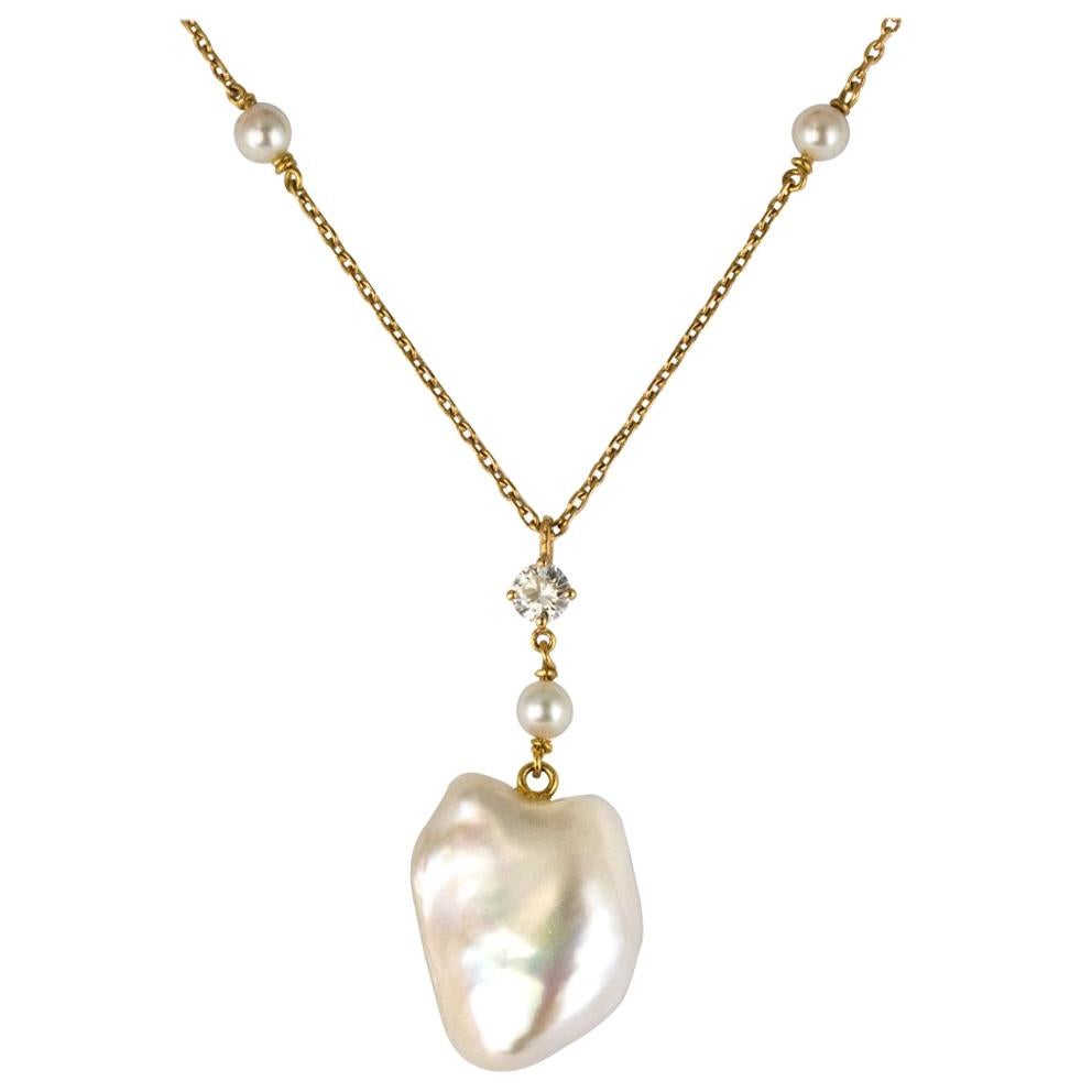 Keshi Natural Pearl Diamond Gold Pendant Necklace For Sale