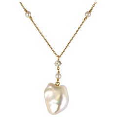 Keshi Natural Pearl Diamond Gold Pendant Necklace