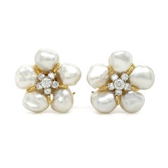 18K Yellow Gold Keshi Pearl and Diamond Cluster Earrings