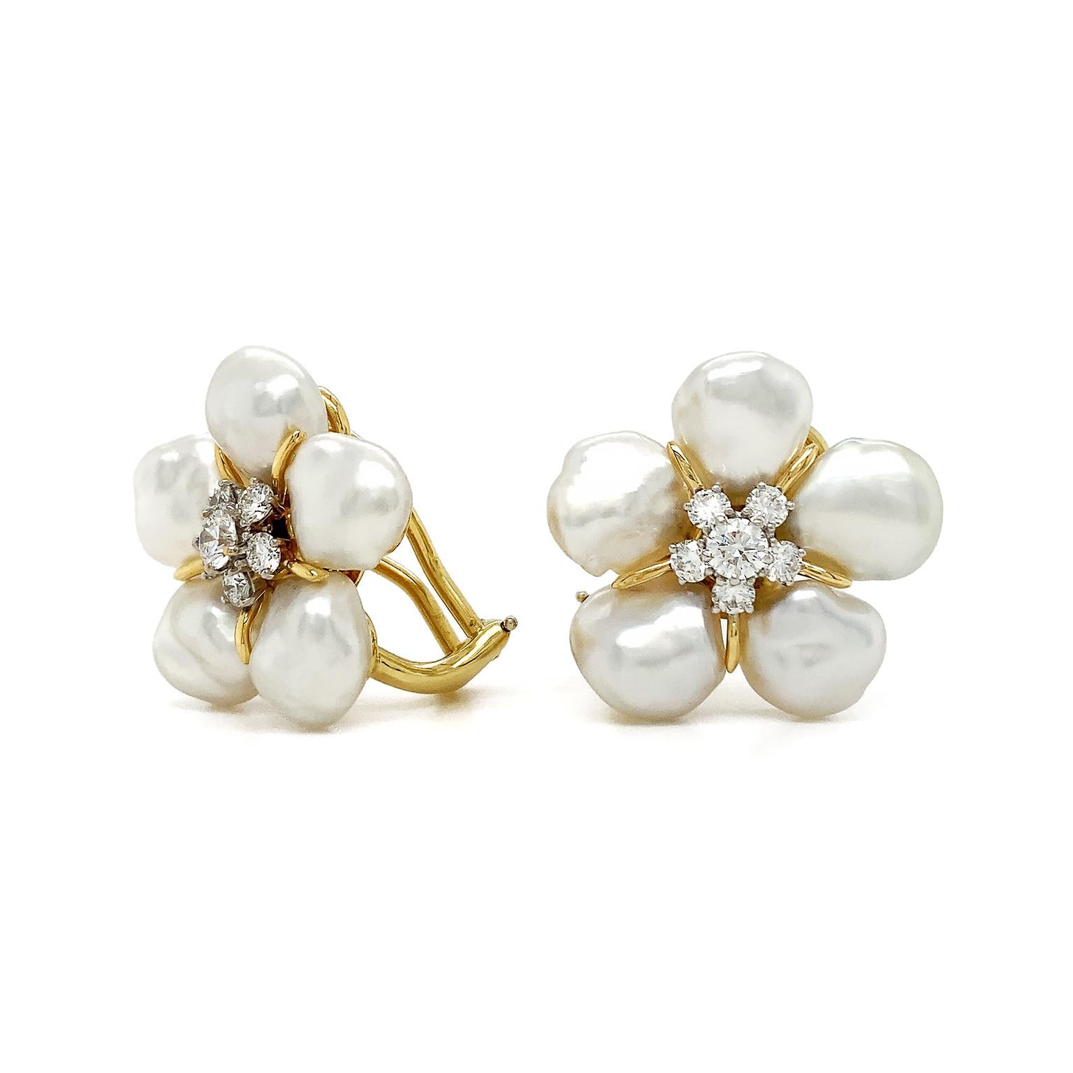 Romantic 18K Yellow Gold Keshi Pearl and Diamond Cluster Earrings For Sale