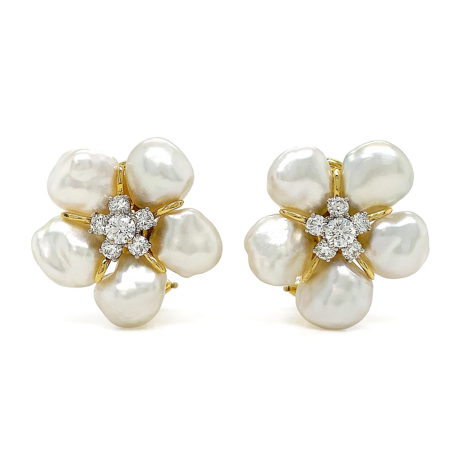 Round Cut 18K Yellow Gold Keshi Pearl and Diamond Cluster Earrings For Sale