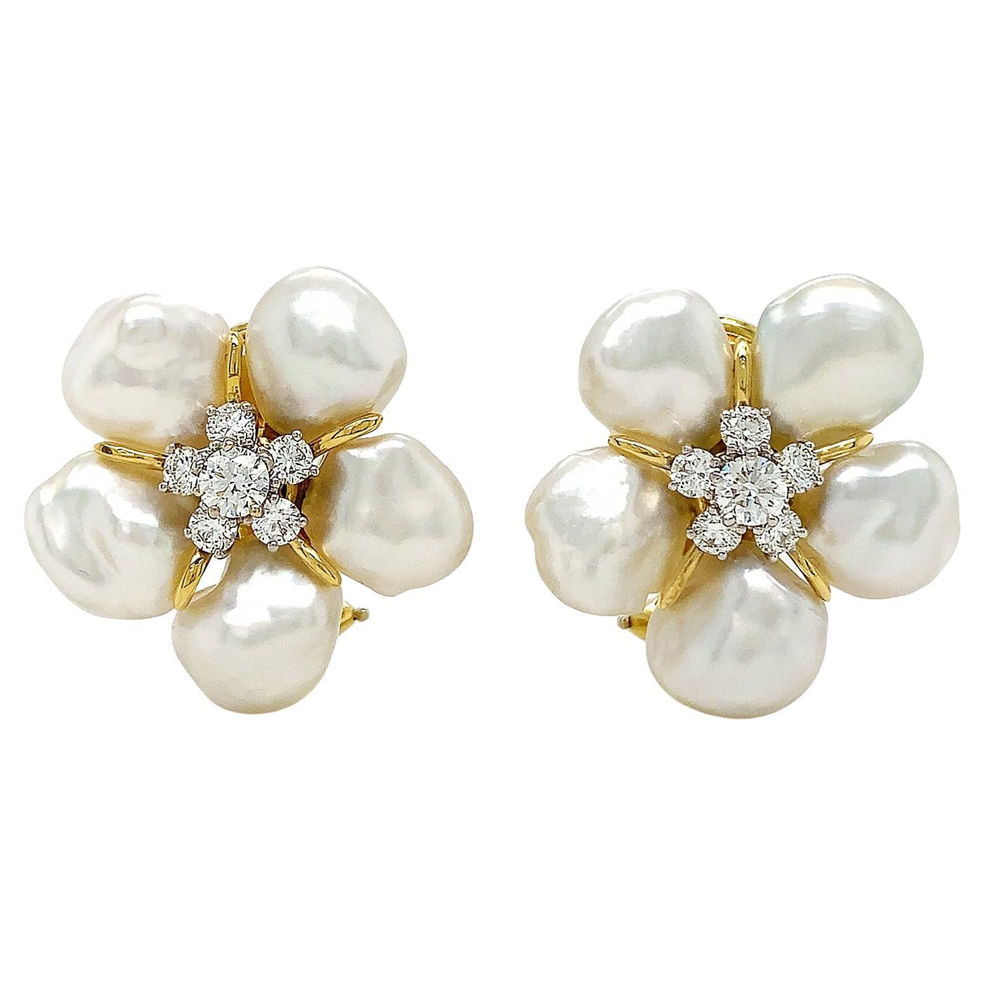 18K Yellow Gold Keshi Pearl and Diamond Cluster Earrings For Sale