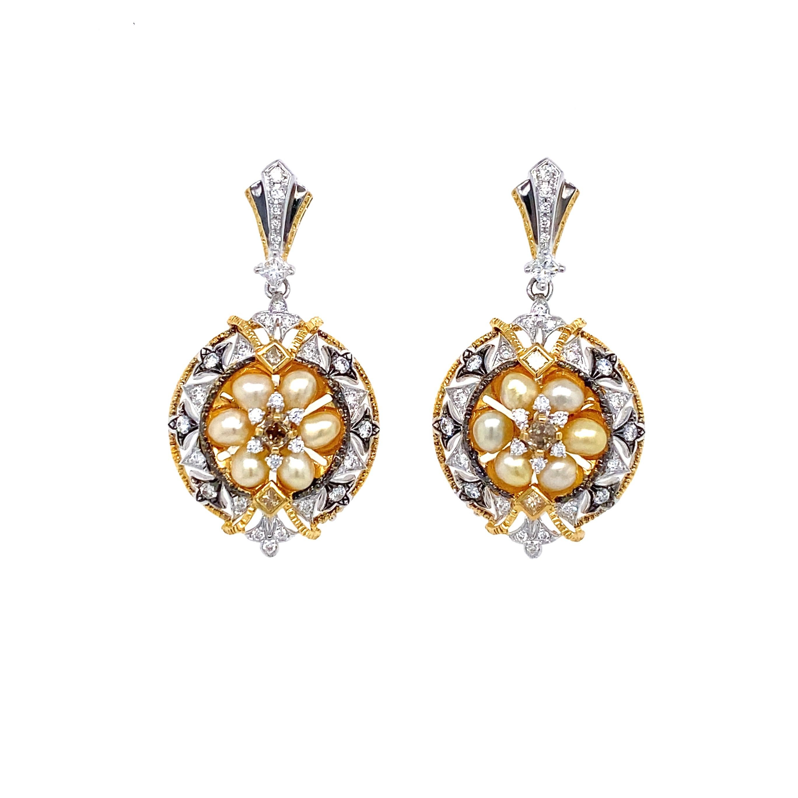 Art Deco Keshi Pearl and Diamond Drop Earrings in 18 Karat Gold For Sale