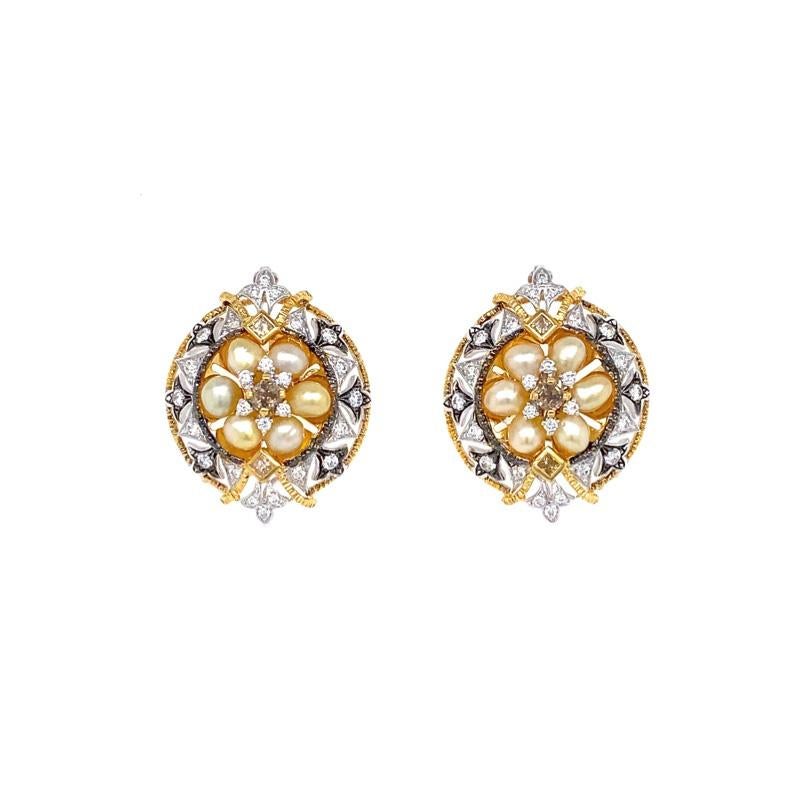 Brilliant Cut Keshi Pearl and Diamond Drop Earrings in 18 Karat Gold For Sale