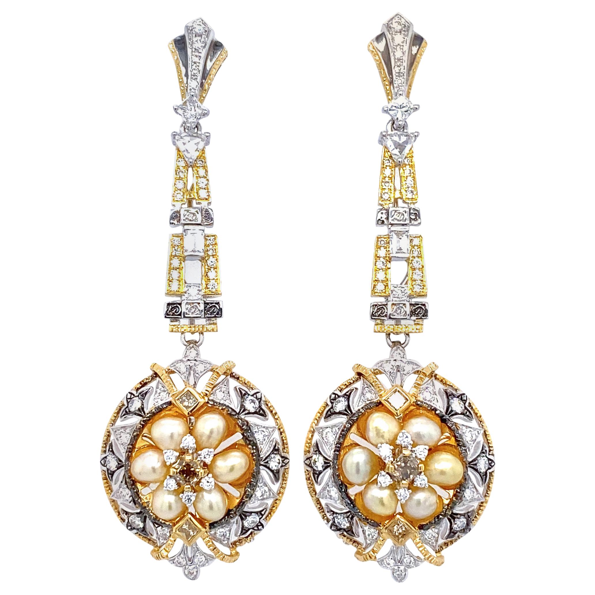Keshi Pearl and Diamond Drop Earrings in 18 Karat Gold For Sale
