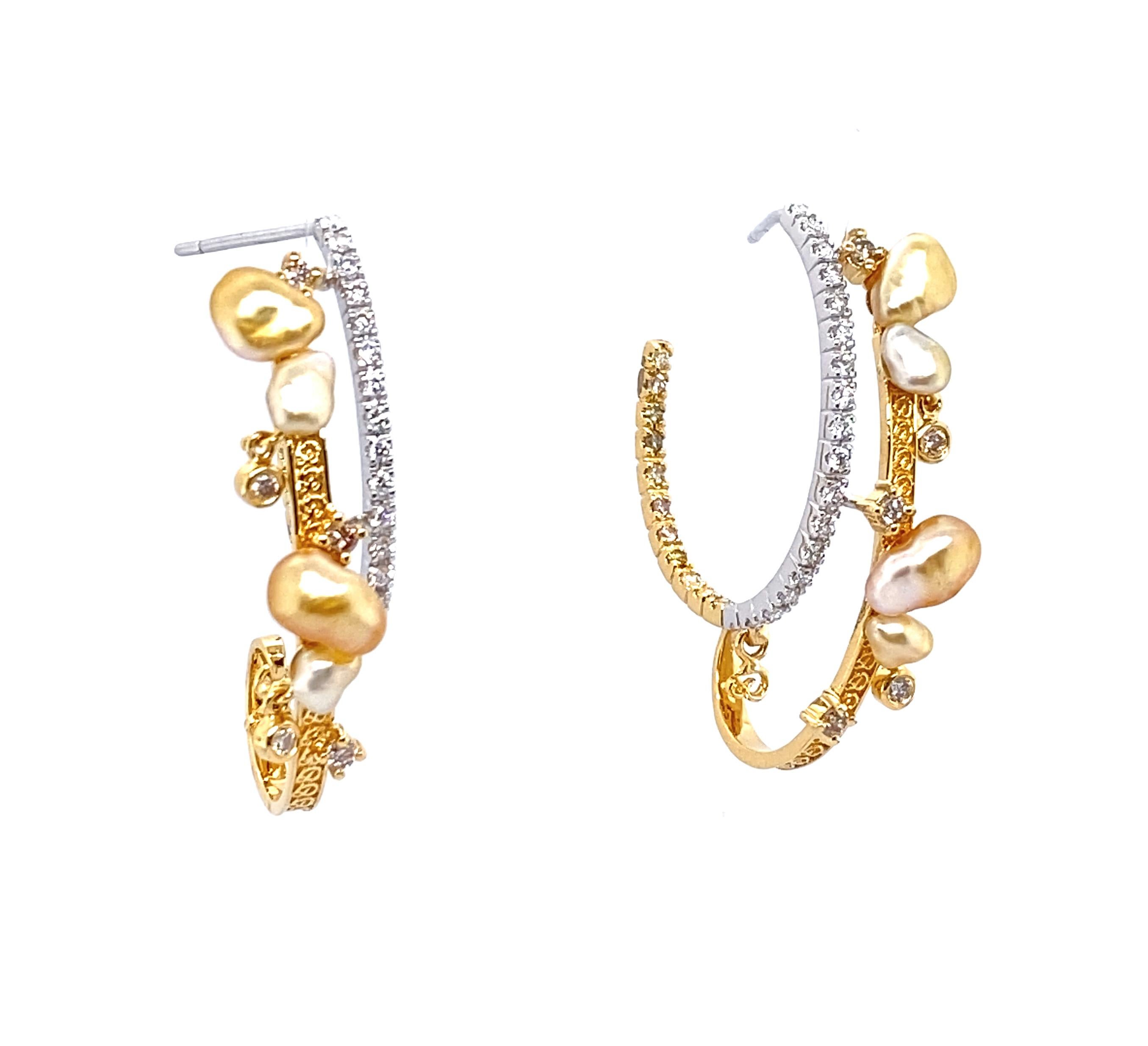 Contemporary Keshi Pearl and Diamonds Hoop Earrings in 18 Karat Gold