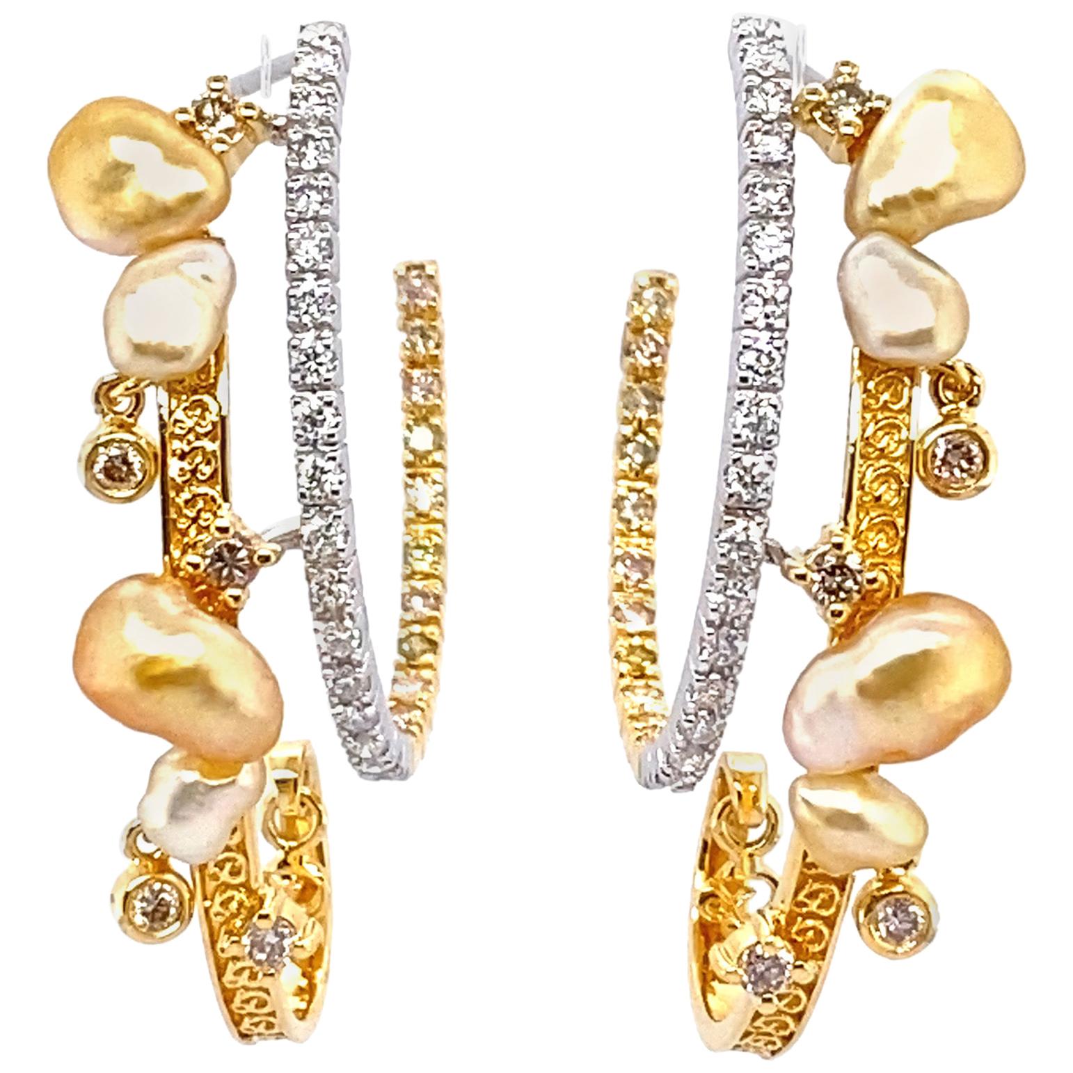 Keshi Pearl and Diamonds Hoop Earrings in 18 Karat Gold