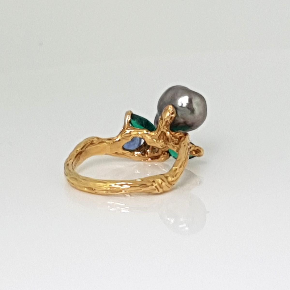 Pear Cut Keshi Pearl Emerald Diamond Handmade ring by Viktor Moiseikin For Sale