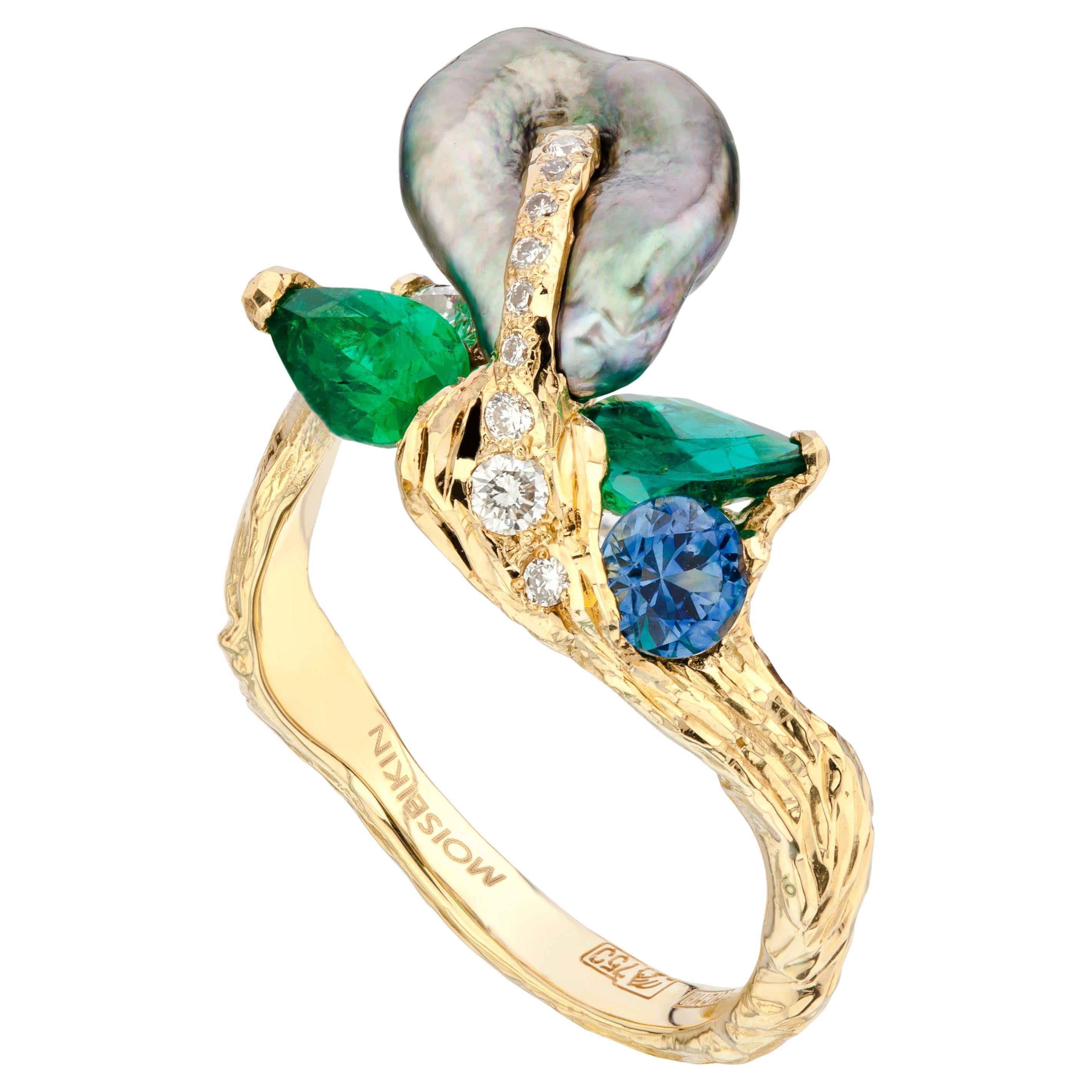 Handgefertigter Ring mit Keshi-Perlen, Smaragd und Diamant von Viktor Moiseikin