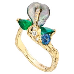 Keshi Pearl Emerald Diamond Handmade ring by Viktor Moiseikin