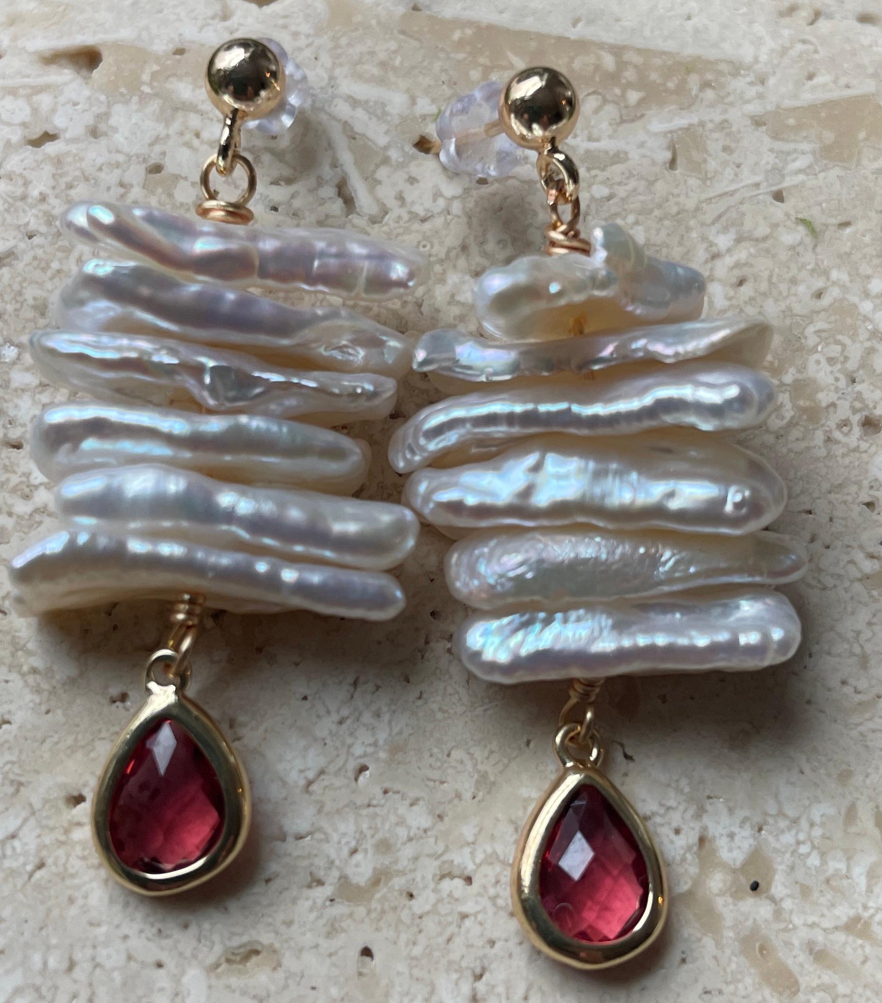 14K Gold Plated Keshi Pearl Earrings with Garnet Pear stone at bottom. 