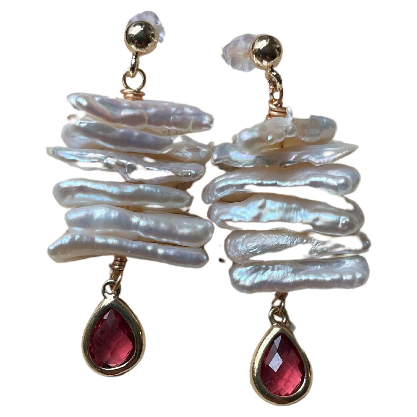 Keshi Pearl & Garnet Dangle Earrings For Sale