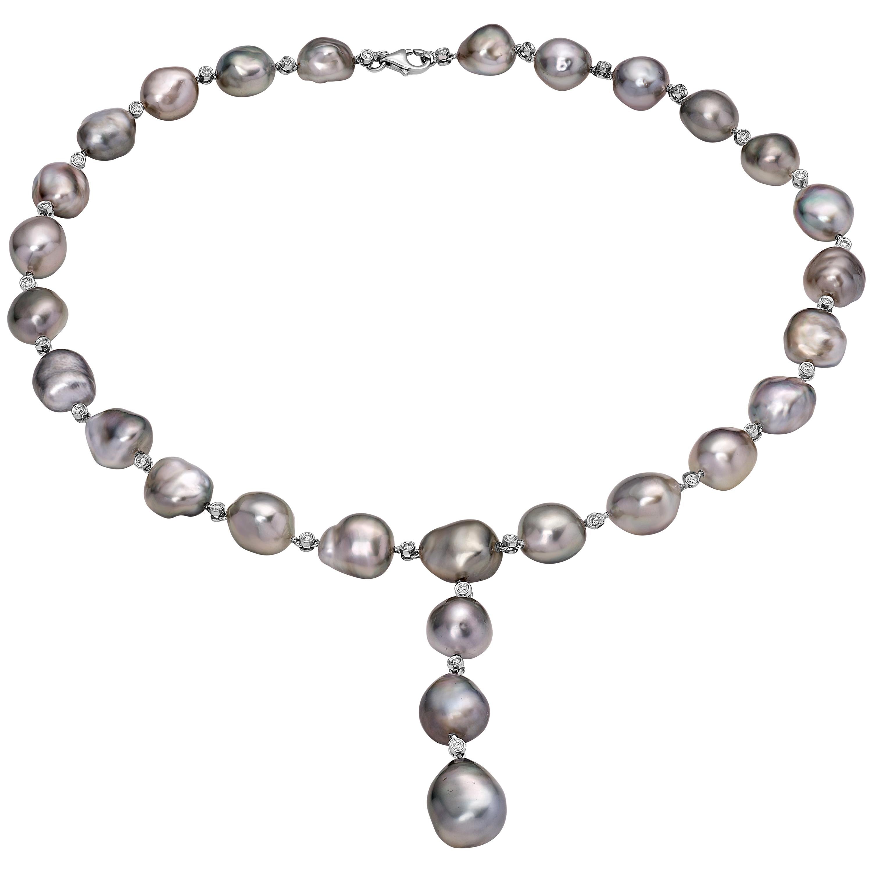 BELPEARL Keshi Pearl Y Necklace Set in 18 Karat White Gold and Diamonds  For Sale