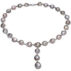 BELPEARL Keshi Pearl Y Necklace Set in 18 Karat White Gold and Diamonds 