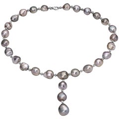 BELPEARL Keshi Pearl Y Necklace Set in 18 Karat White Gold and Diamonds