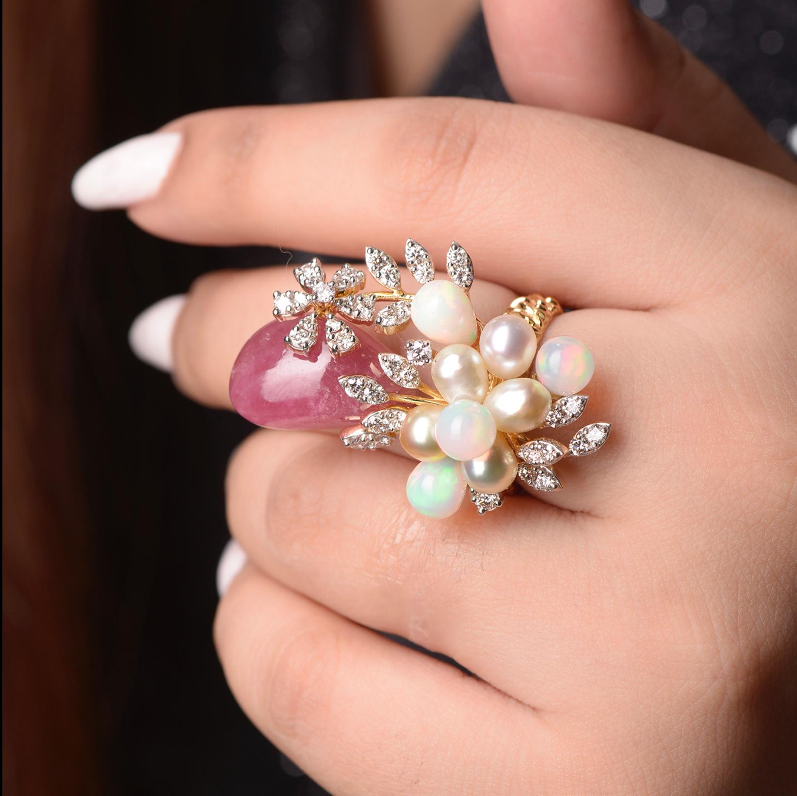 18K Keshi  pearls , pink burmese Tourmaline tumbles and Ethopian Opals Diamond ring 