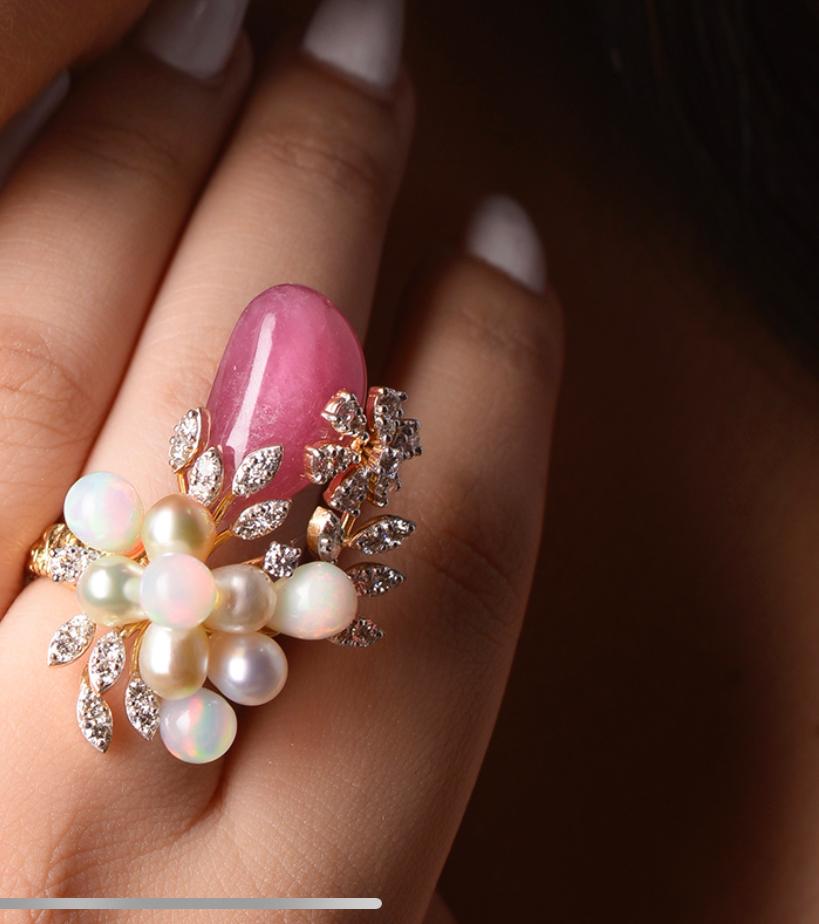 Keshi Pearls, Pink Burmese Tourmaline Tumbles and Ethopian Opals Diamond Ring In New Condition For Sale In New Delhi, DL
