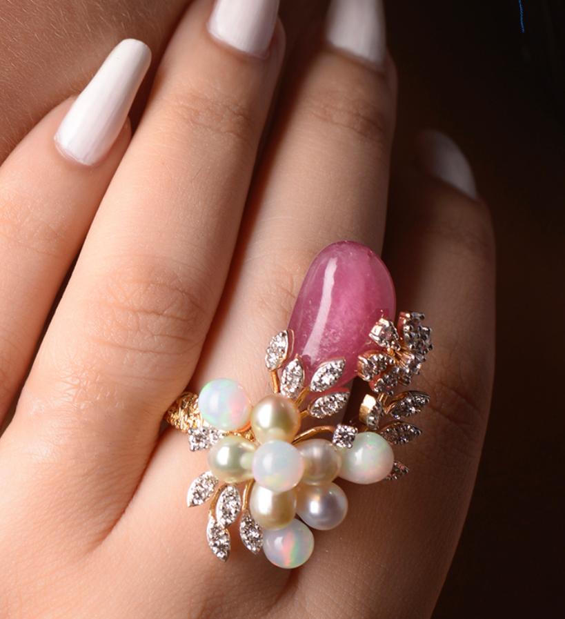 Women's Keshi Pearls, Pink Burmese Tourmaline Tumbles and Ethopian Opals Diamond Ring For Sale