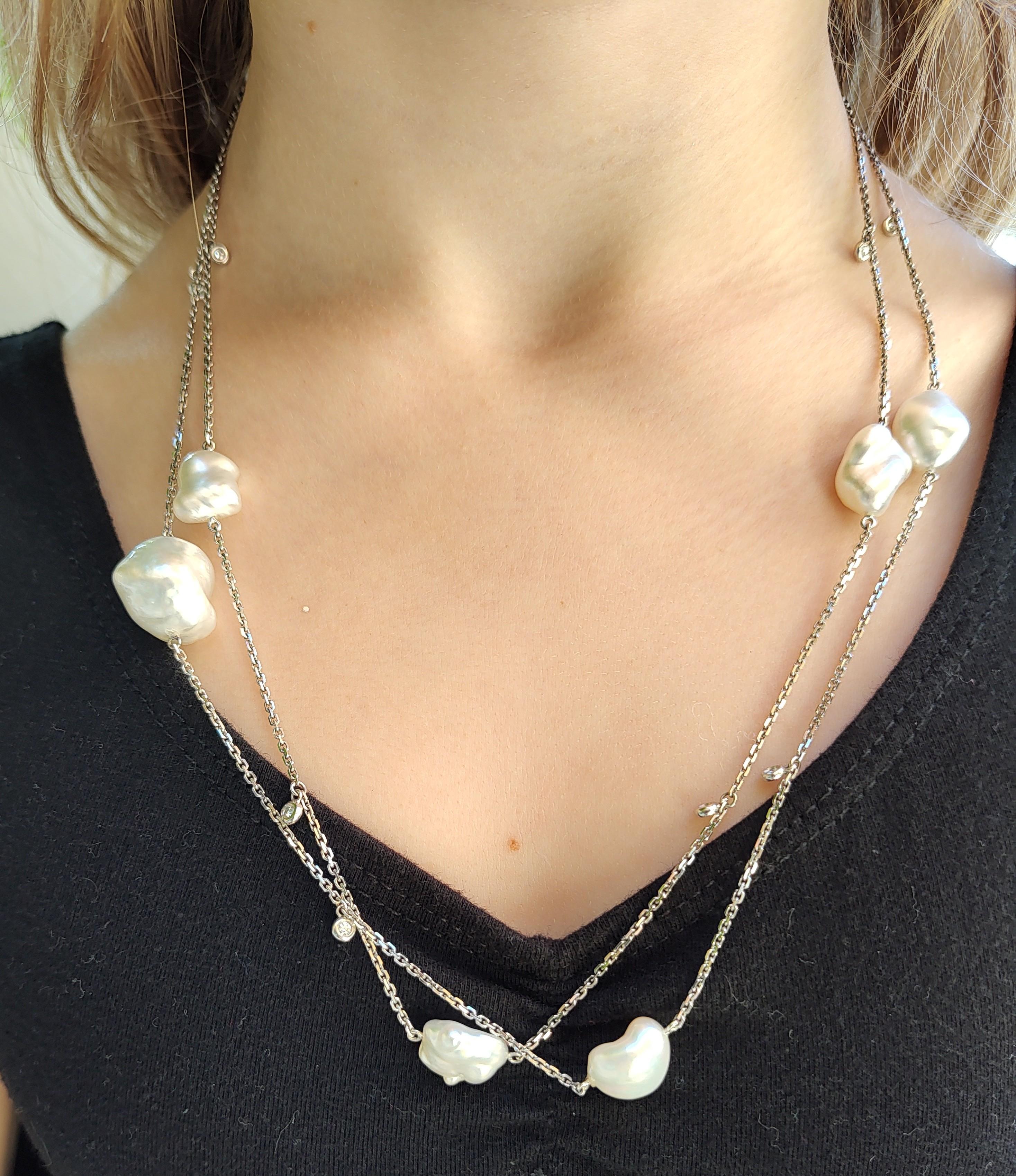 Handmade 18ct white gold Keshi and diamond pearl necklace. Can be worn single long or double short.
Keshi Pearls are highly prized and very valuable because of their remarkable lustre.
Australian Keshi Pearls are rare, unique and beautiful! They are