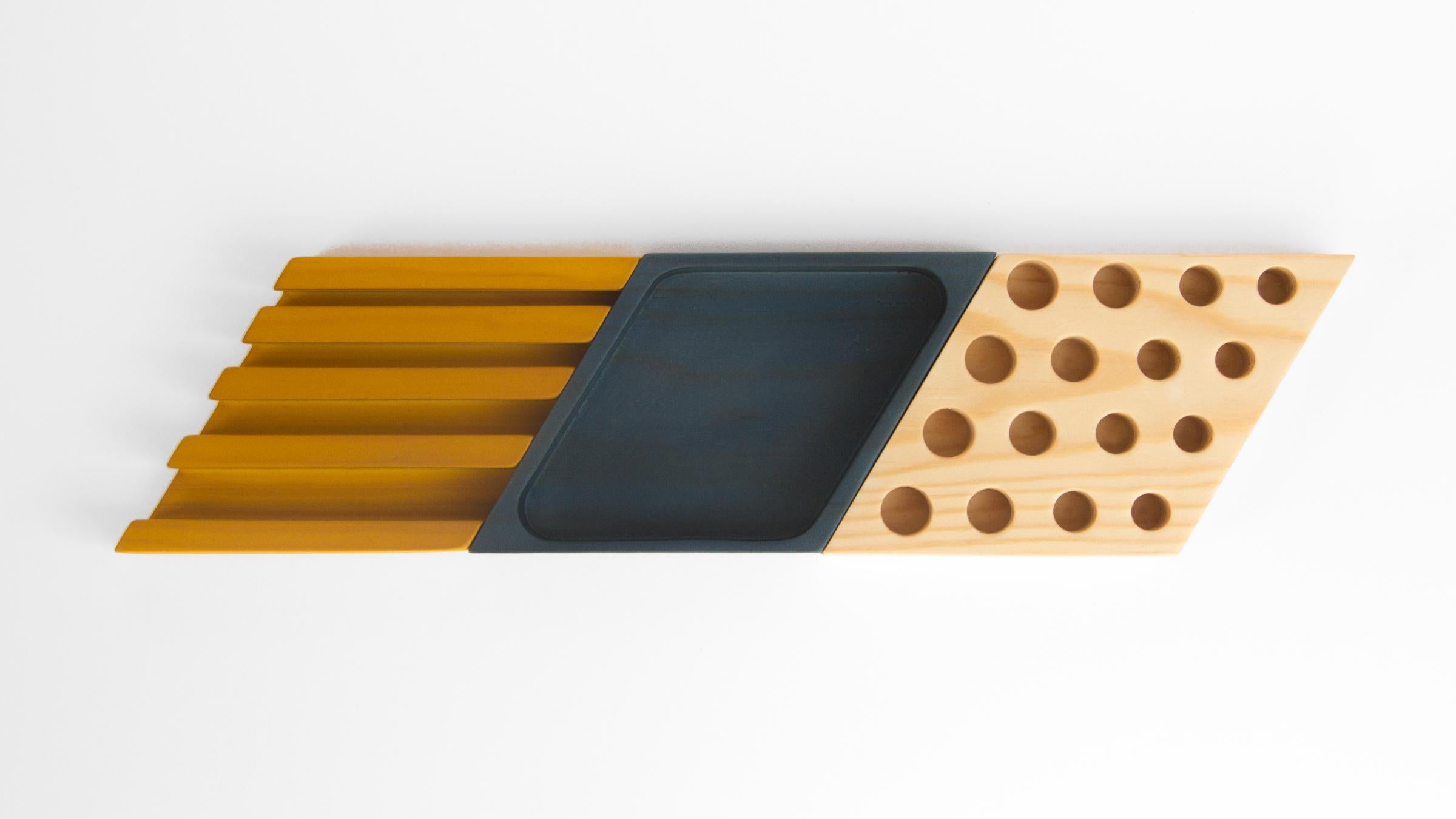 Minimalist Kesito desk organizer · Blue, mustard and wood For Sale