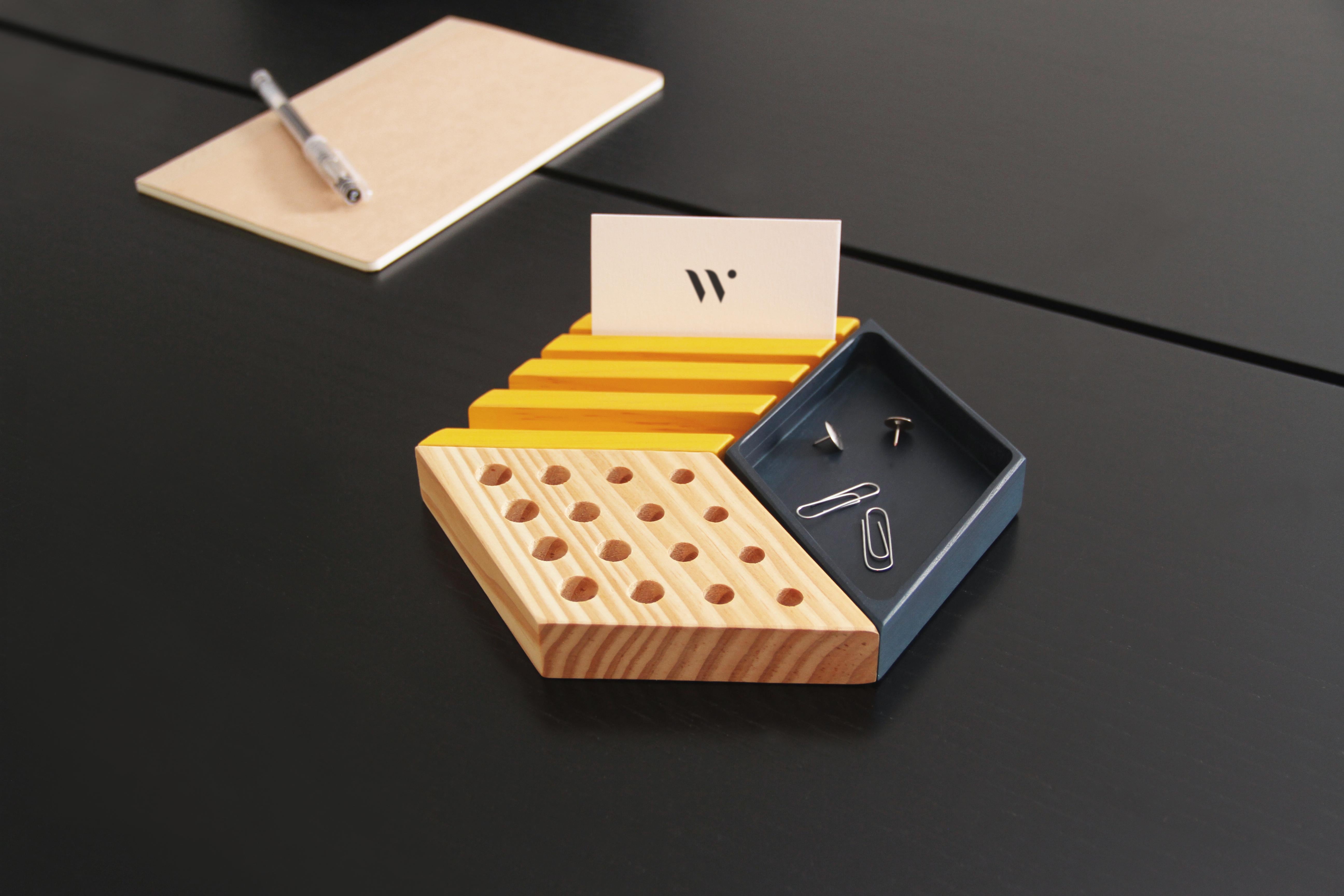 Contemporary Kesito desk organizer · Blue, mustard and wood For Sale