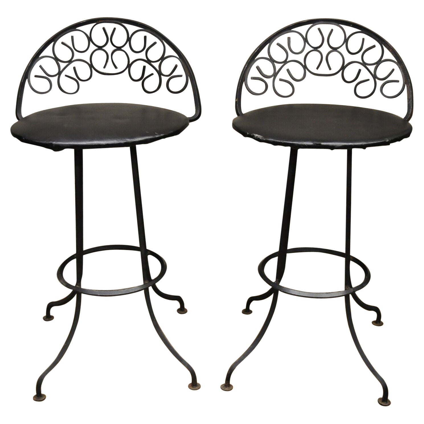 Kessler Ind. Mid Century Wrought Iron Arthur Umanoff Swivel Barstools, a Pair
