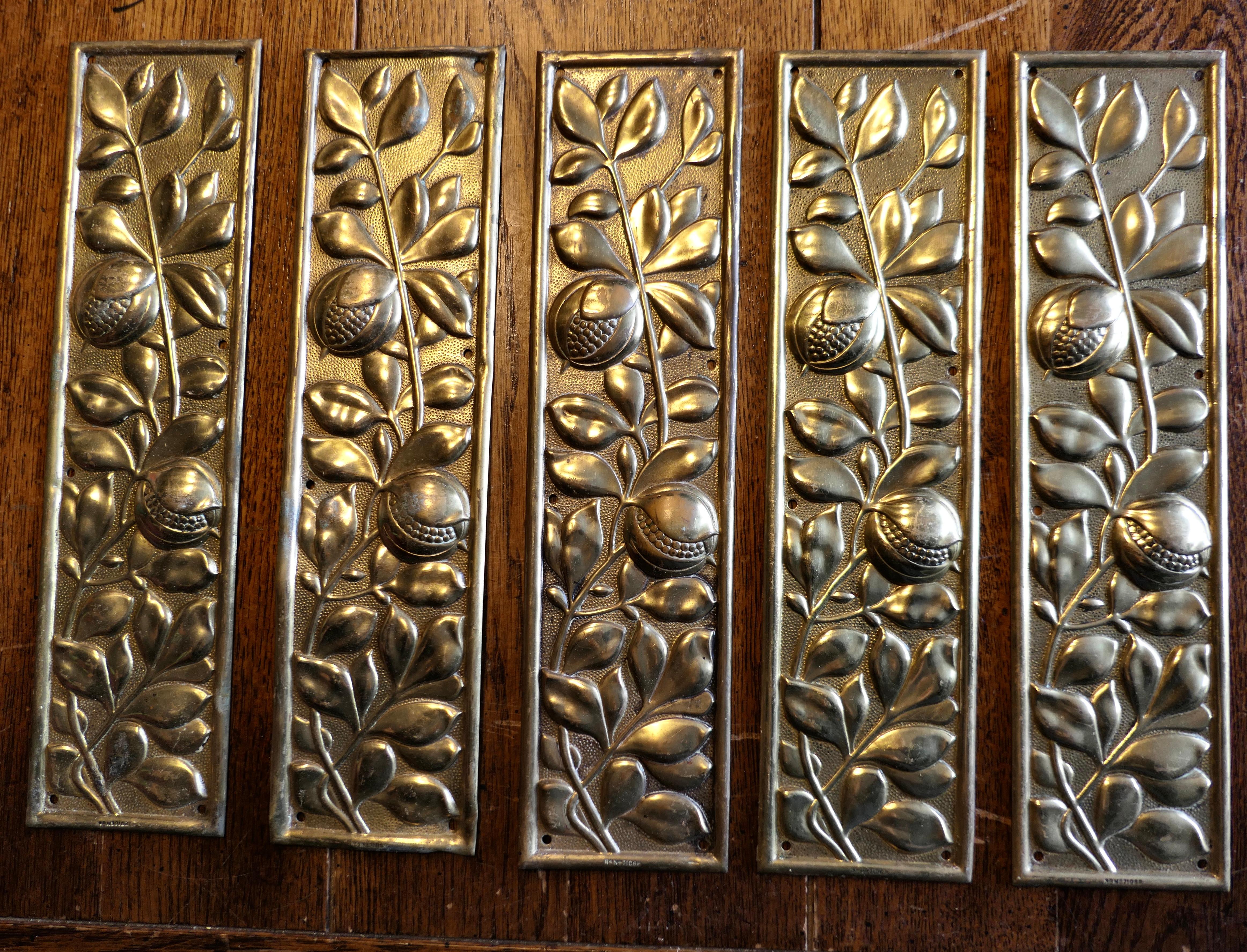 Keswick School Arts and Crafts Brass Door Finger Plates, Door-furniture 

There are 5 identical plates in this set, the are made in quality brass and they are stamped with their registration numbers, they are decorated with leaved and stylised seed