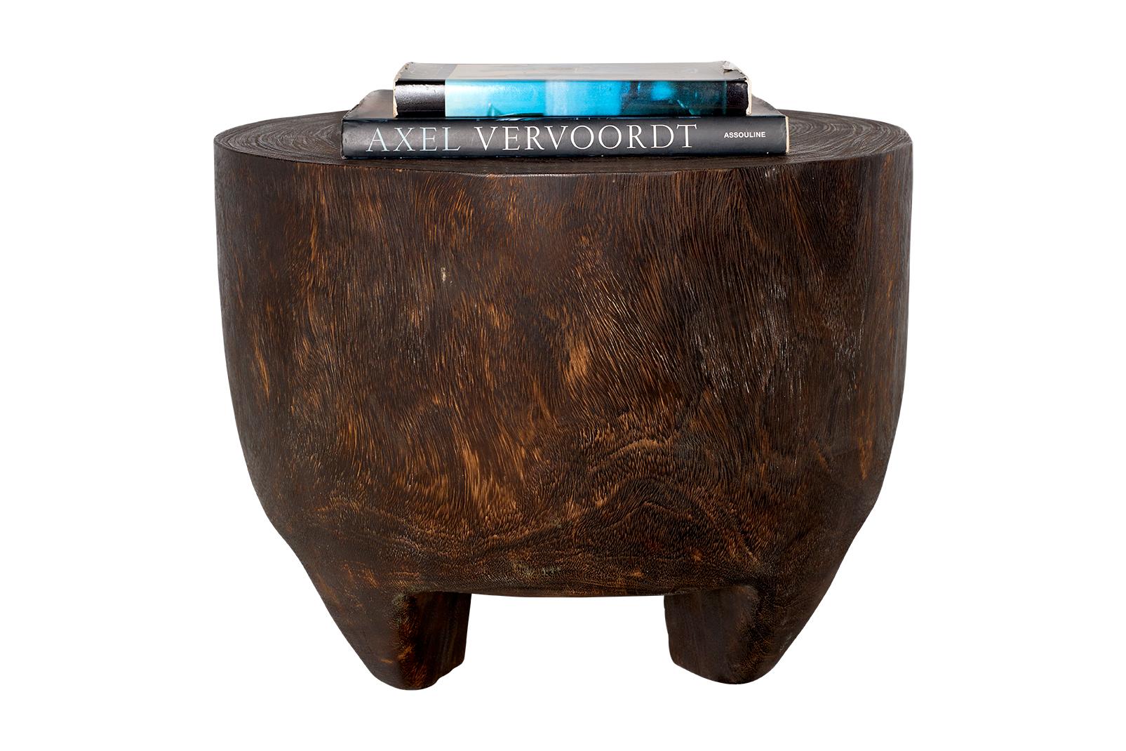 Organic Modern Kettle Drum From Weathered Lychee Wood Side Table  For Sale