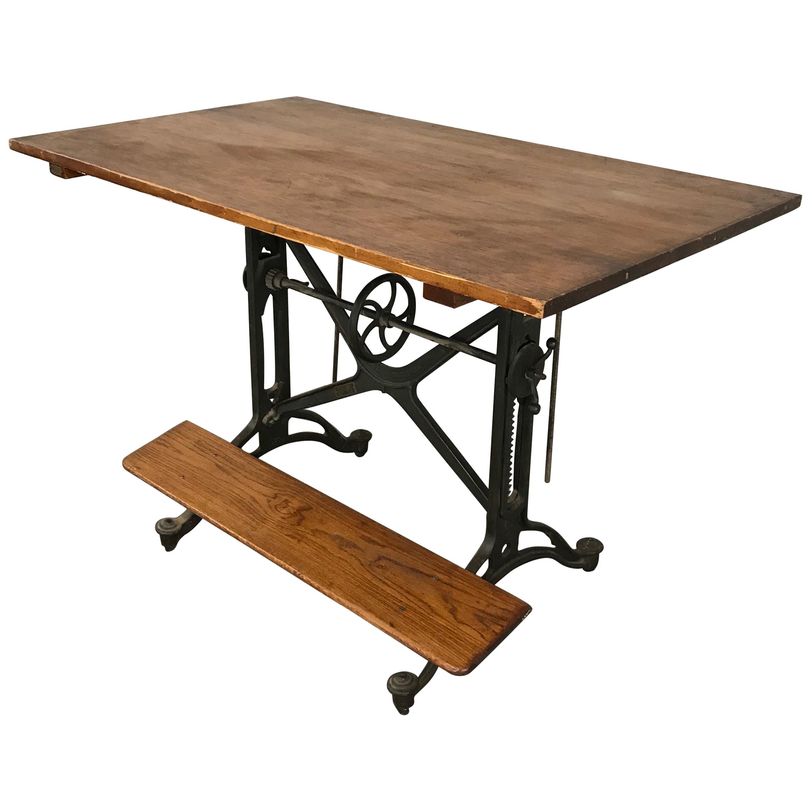 French Industrial Writing Table Drafting Desk - Sit Stand Adjustable - Tilt  Top
