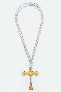 Keum-Boo 24 Karat Gold and Sterling Silver Cross Pendant Chain Necklace
