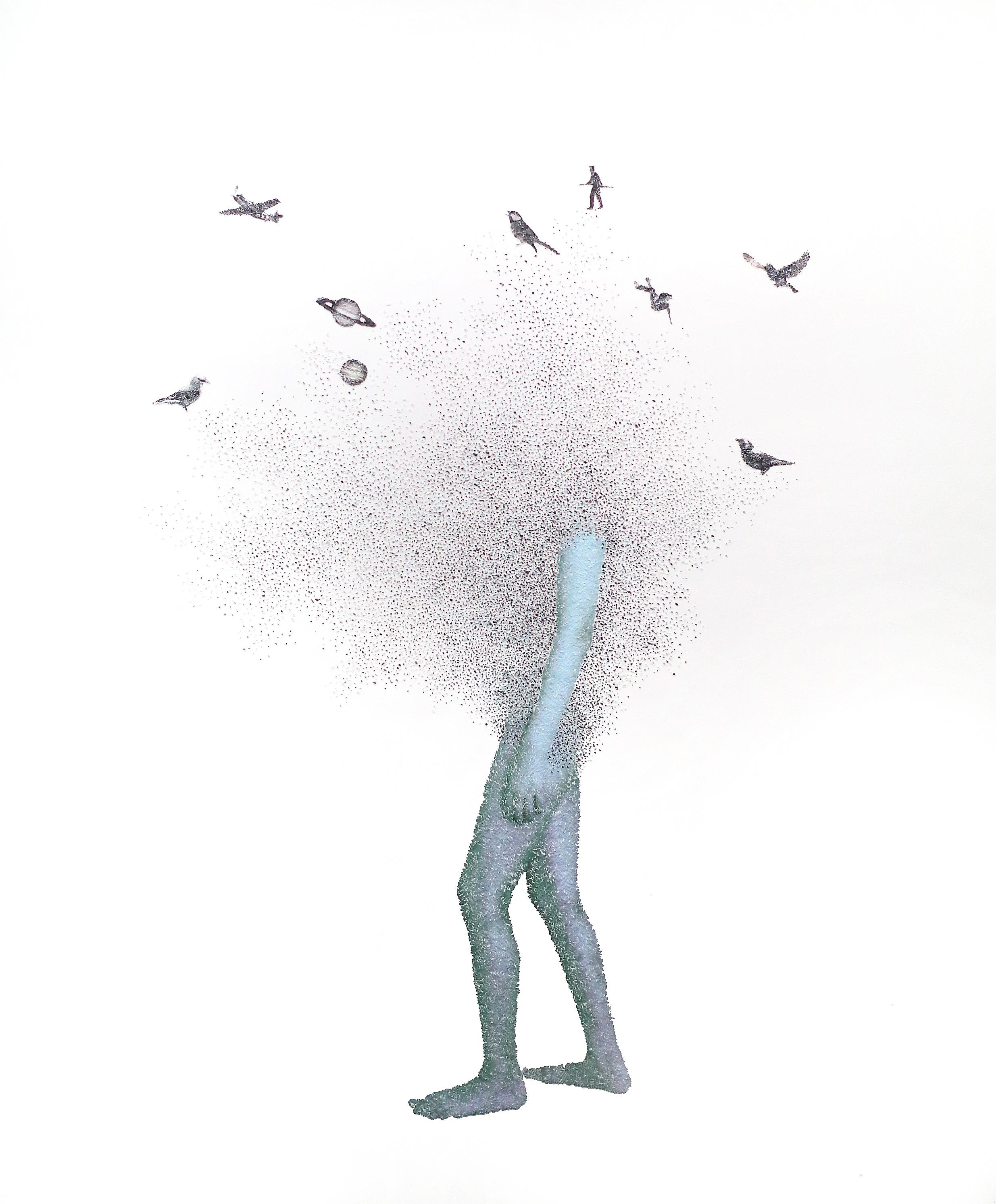 Dream Walking  2 - Blue figurative collage of torn photograph on paper