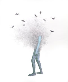 Dream Walking  2 - Blue figurative collage of torn photograph on paper