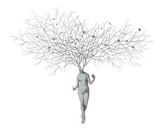 Zeitgenössische Collage von Eden #10 – hellgrüne, weibliche Figur mit Baumzweigen