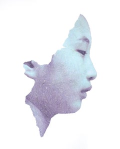 Joanne - Blue pink abstract figurative collage of torn photograph on paper