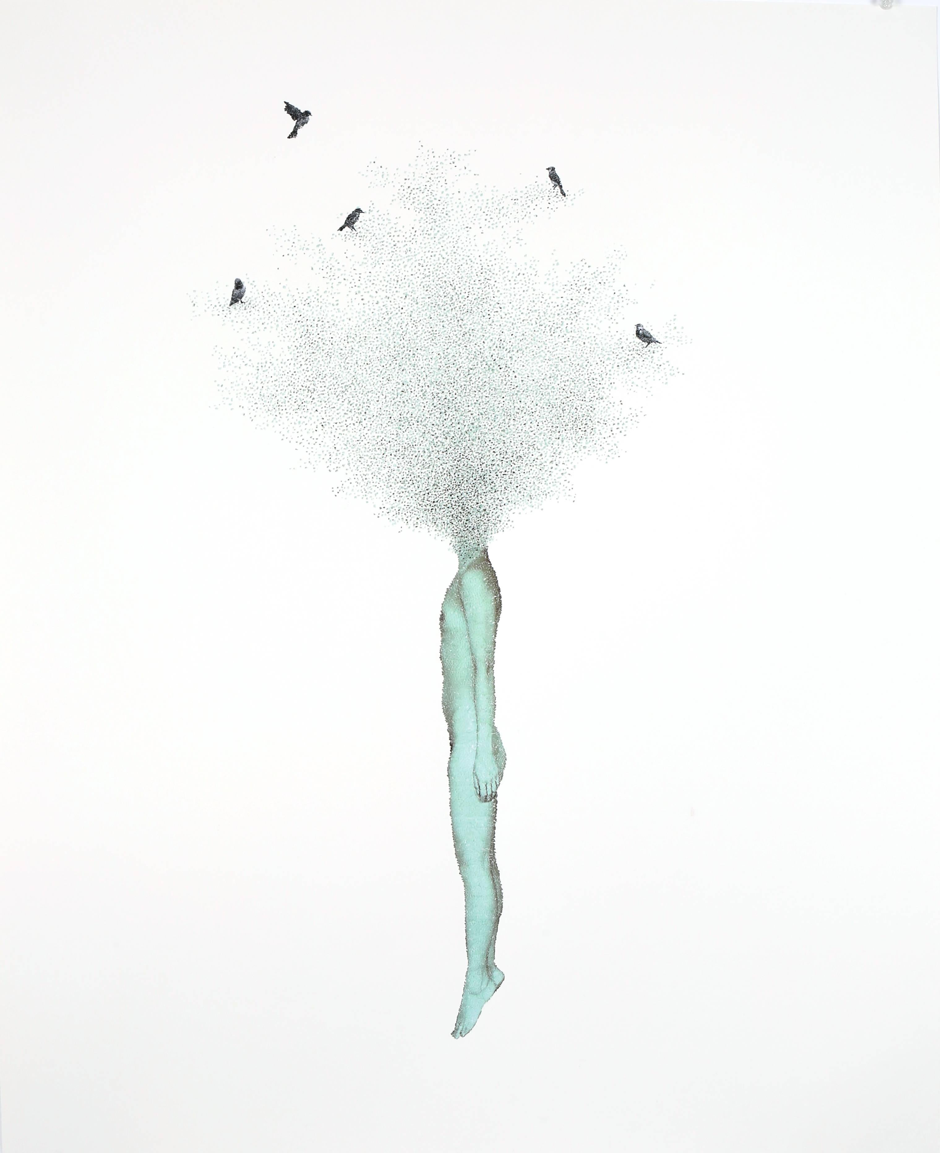 Figurative Print de Keun Young Park - Dream In Between- impresión de cuerpo femenino en color azul con pájaros
