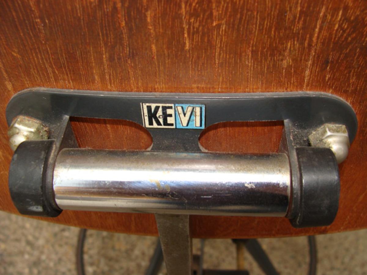 Rare Jorgen Rasmussen work chair/stool designed for Kevi, Denmark, circa 1958.
Outstanding example in original vintage condition. Structurally sound. Teak seat and back with painted steel base and footrest. Note distinctive chrome hooded casters.