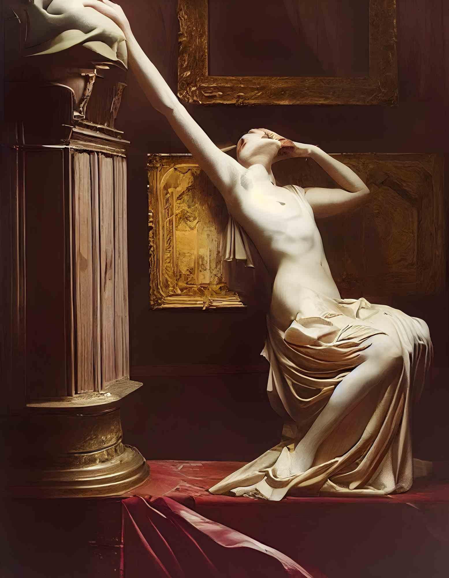 Amorous Embodiment redefines elegance through a captivating portrayal where romantic architecture and the human silhouette unite in a dance of visual poetry. The gentle caress of delicate silk lends an ethereal quality to the composition, enveloping