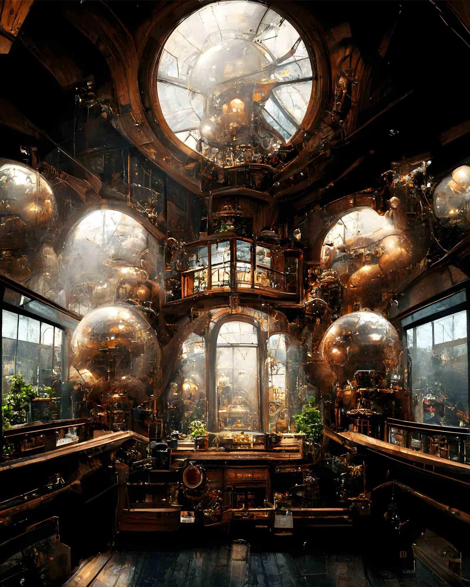 Gilded Gears is an exquisite portrayal of steampunk interior architecture, where vintage opulence intertwines seamlessly with the mechanized essence of an era gone by. The canvas reveals intricate interplays of brass and leather, where ornate