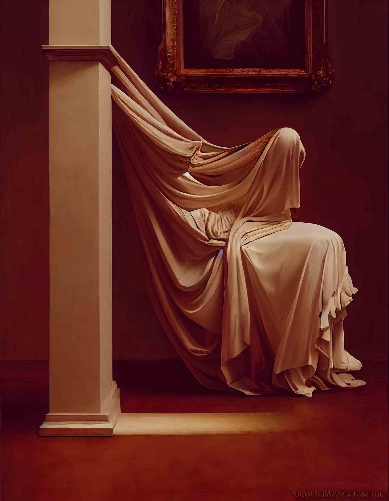 La bellezza eterea è tangibile in Gossamer Grace, dove le linee dell'architettura romantica si intrecciano con la figura umana, avvolta in un drappeggio di seta che incarna l'essenza della grazia. Ogni pennellata è una rivelazione di creatività, che