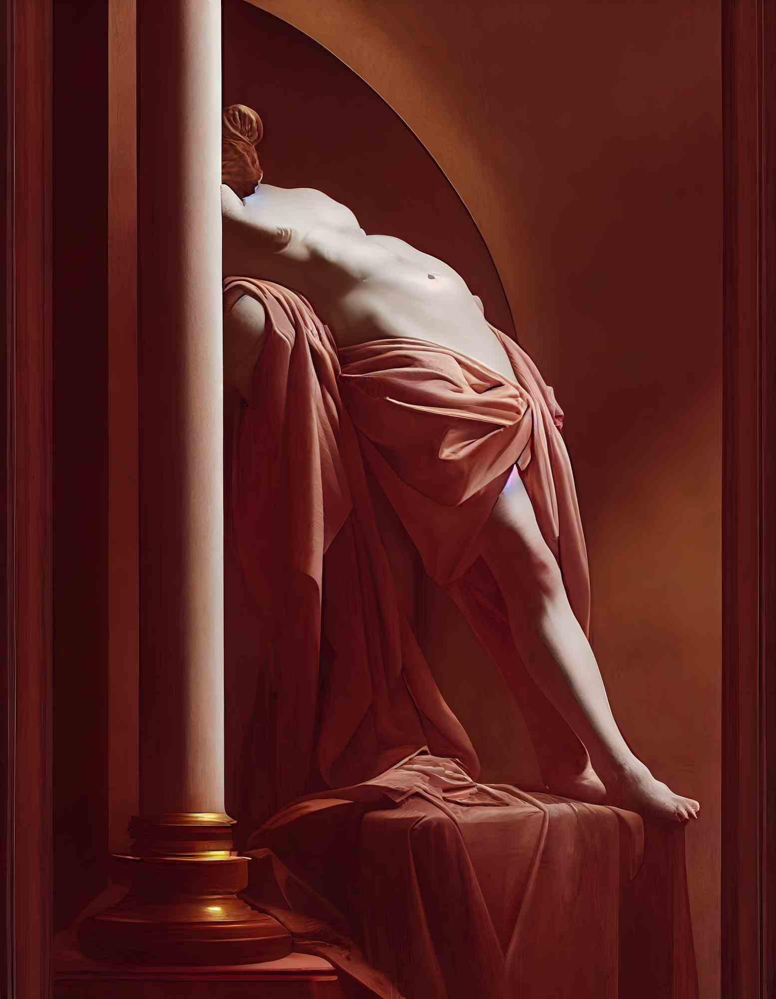 With each brushstroke, Graceful Form transcends the boundaries of medium and form, as romantic architecture finds its mirror in the human embodiment, adorned in silken elegance. The artwork resonates with an exquisite balance, where architectural