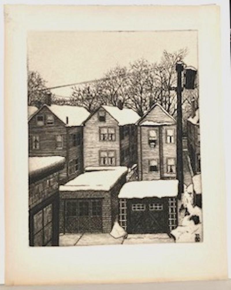 This (Backyards with Snow) is monogrammed and dated in the plate at the lower right. The artist's name appears in pencil at the bottom edge on the reverse, in another hand.

A Rochester, New York native, Kevin O'Callahan studied at the Carnegie
