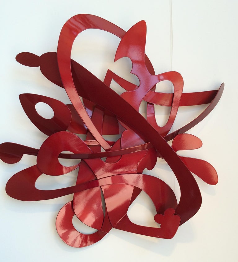 Kevin Barrett Abstract Sculpture - "68 Jay", Contemporary Abstract Metal Wall Relief Sculpture in Red