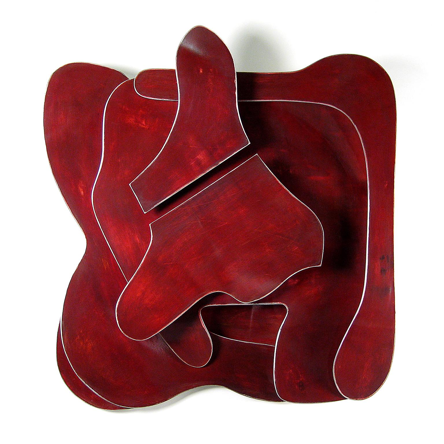 „Pump“ Rote, abstrakte Aluminium-Metall-Wandreliefskulptur von Kevin Barrett