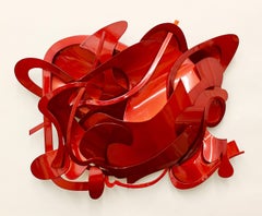 „Red Shoes“, Rote, abstrakte Bronze-Metall-Wandreliefskulptur von Kevin Barrett