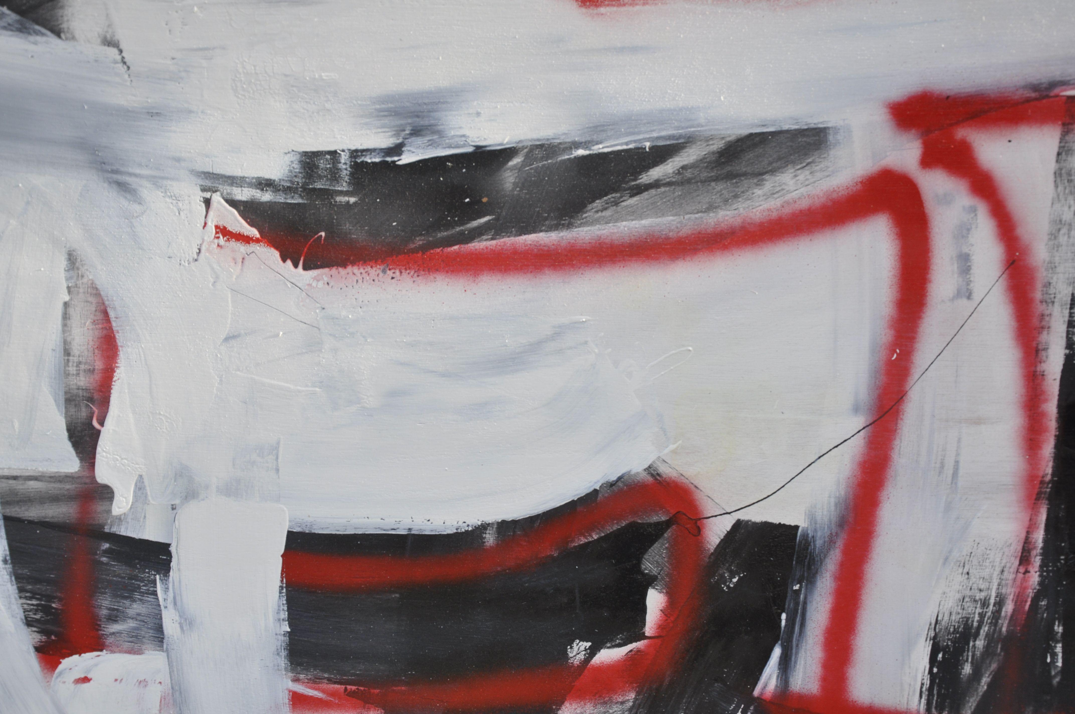 black and white abstraction with detailed red interwoven detail. This painting is one of those paintings that paints itself. It is part of a series entitled, 